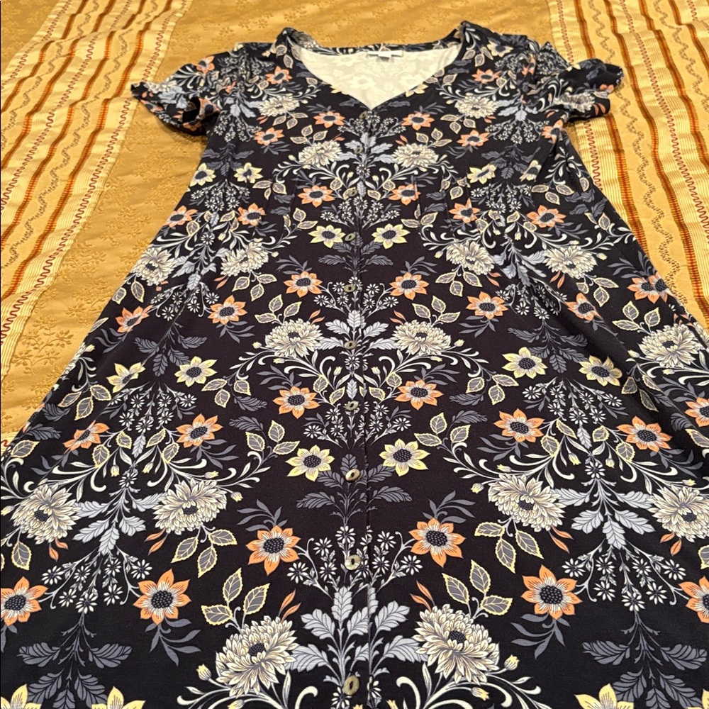 NWOT J. Jill Floral Maxi Dress, Rayon Blend, Button Front, Short Sleeves, M